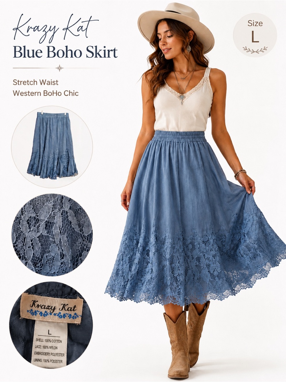 krazy kat Dusty Blue Lace-Trim Boho Midi Skirt embroidery elastic waist Large